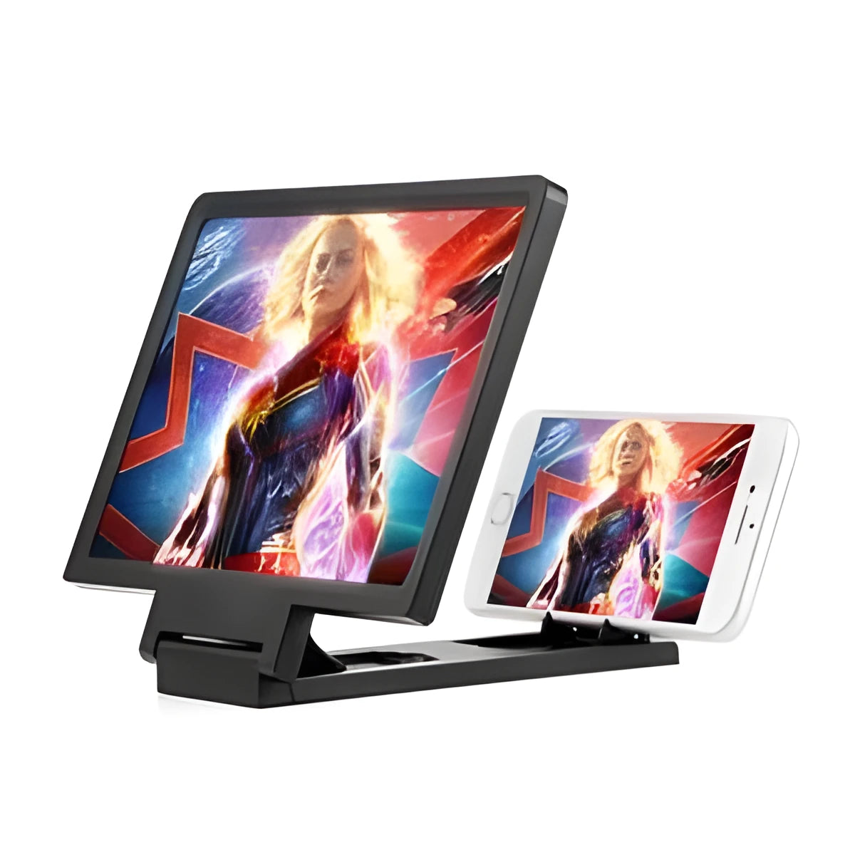 Portable 18cm screen amplifier for mobile phones and tablets, available in black or white, folded for travel