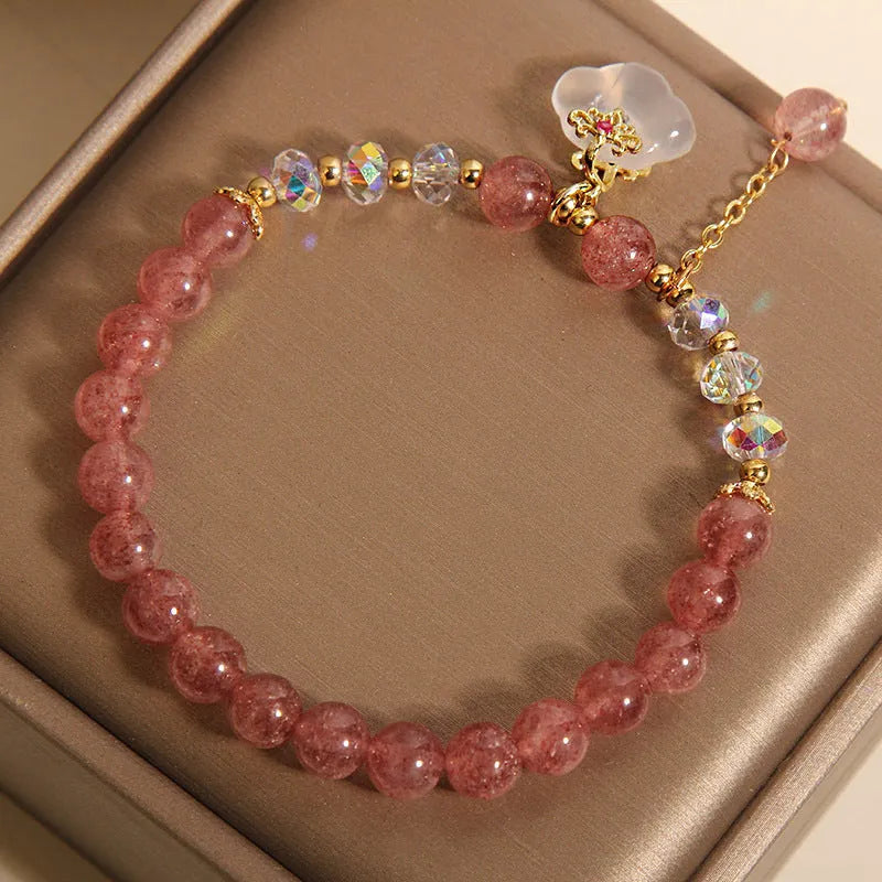 Women's natural strawberry quartz and white agate bracelet auspicious clouds design 40g