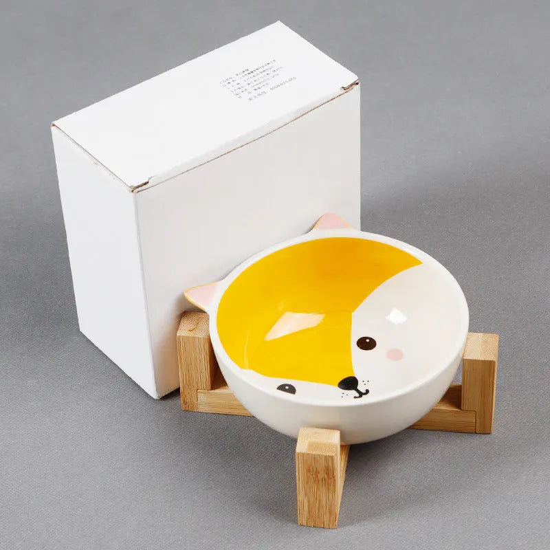Ceramic cat food bowl with bamboo bracket, pink-eared fox design, bowl 13x5.5 cm