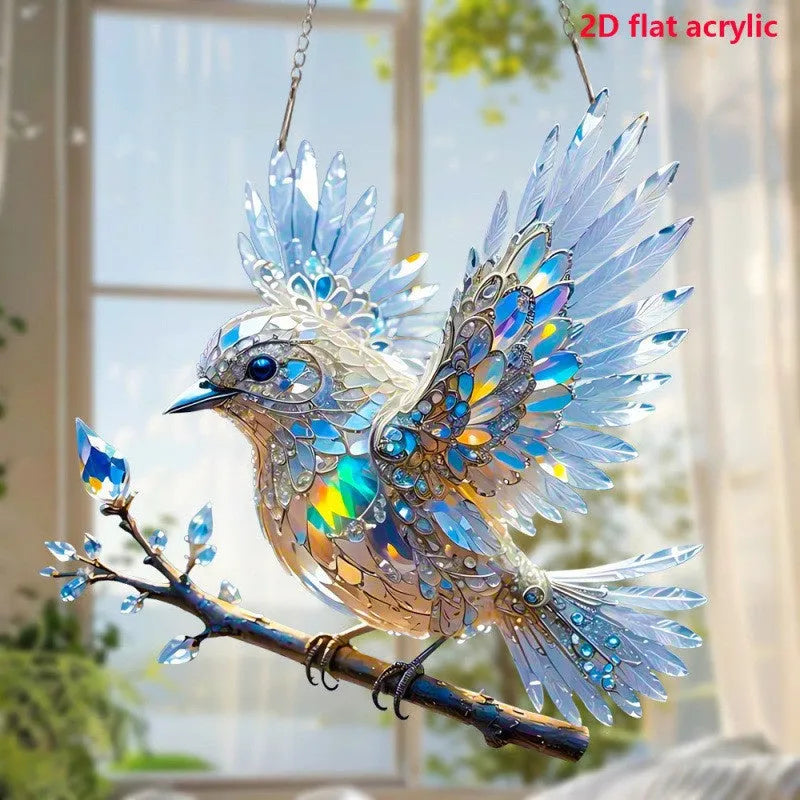 Square acrylic bird pendant ornament with colourful cartoon design, shown in 15cm and 20cm sizes for wall decoration.