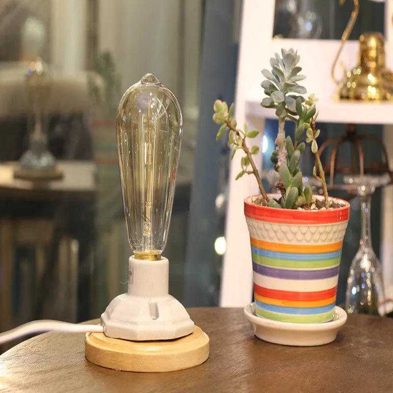 Retro wood table lamp with glass shade, electroplated finish, and dimmer switch for living room use