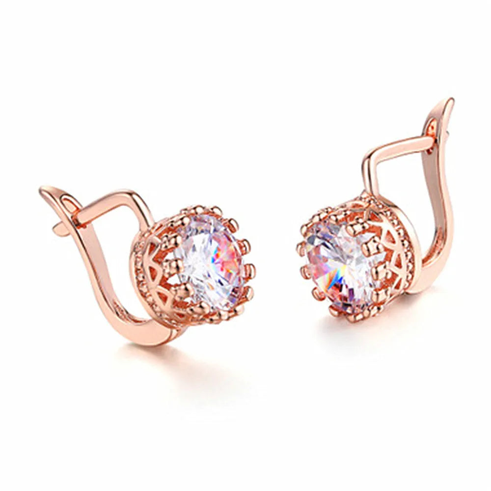 Korean retro crown-shaped clip-on earrings in rose gold and white gold colour options.