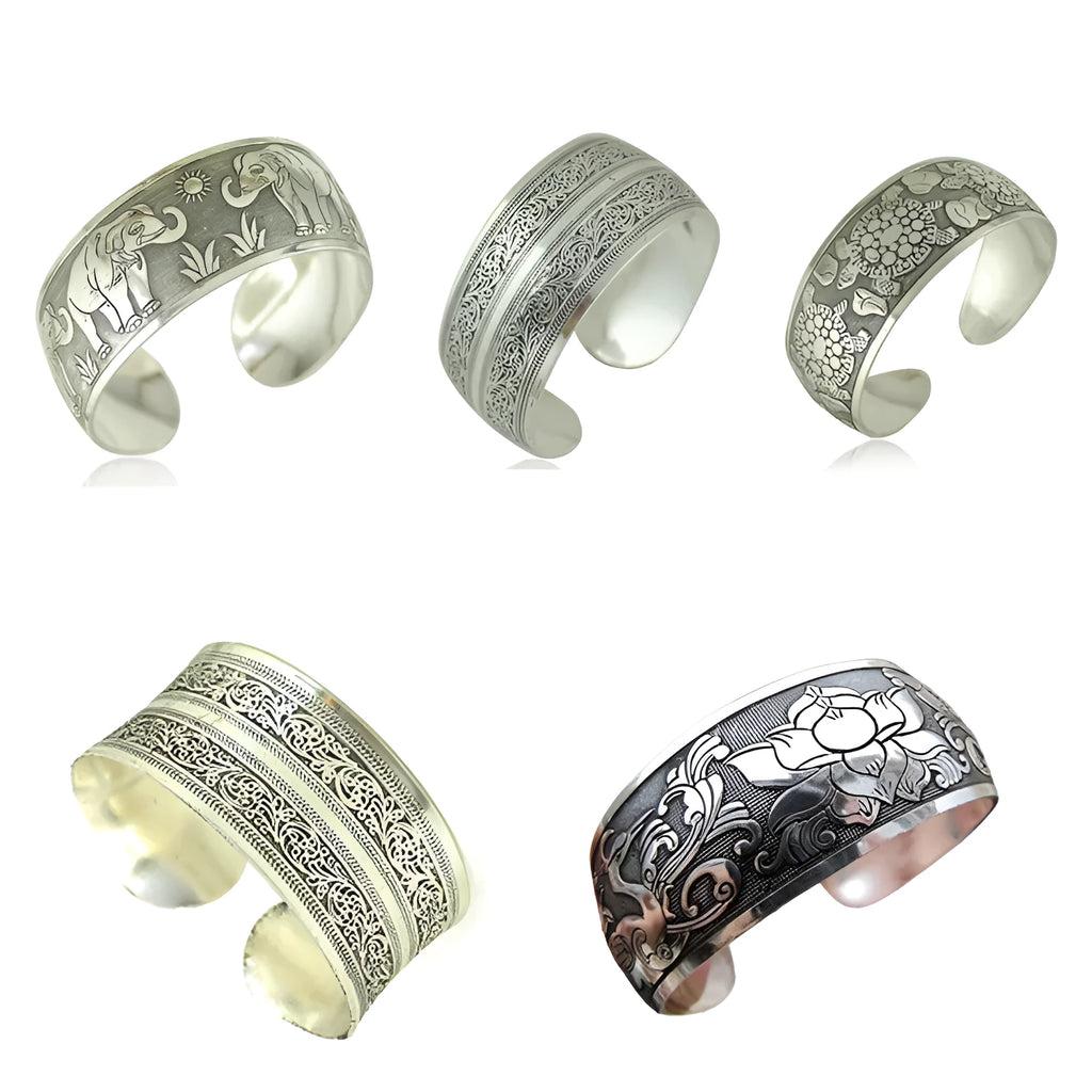 Ethnic carved open bracelet with Miao silver-style design in elephant colour