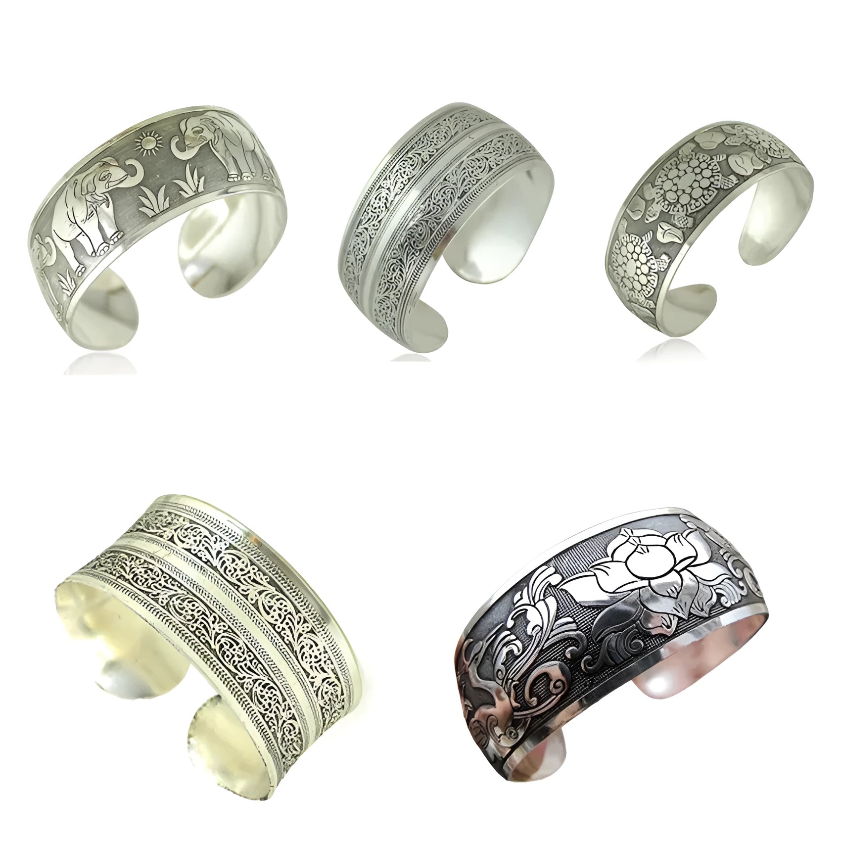 Ethnic carved open bracelet with Miao silver-style design in elephant colour