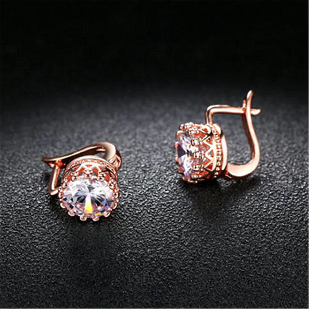 Korean retro crown-shaped clip-on earrings in rose gold and white gold colour options.