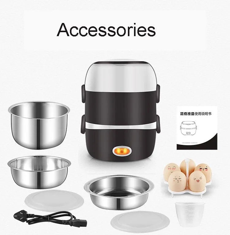 USB-powered multi-function lunch box showing 2-layer and 3-layer configurations with 190mm dimensions