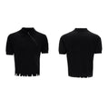 Men's slim-fit knitted polo shirt with oblique diagonal zipper closure in black solid colour