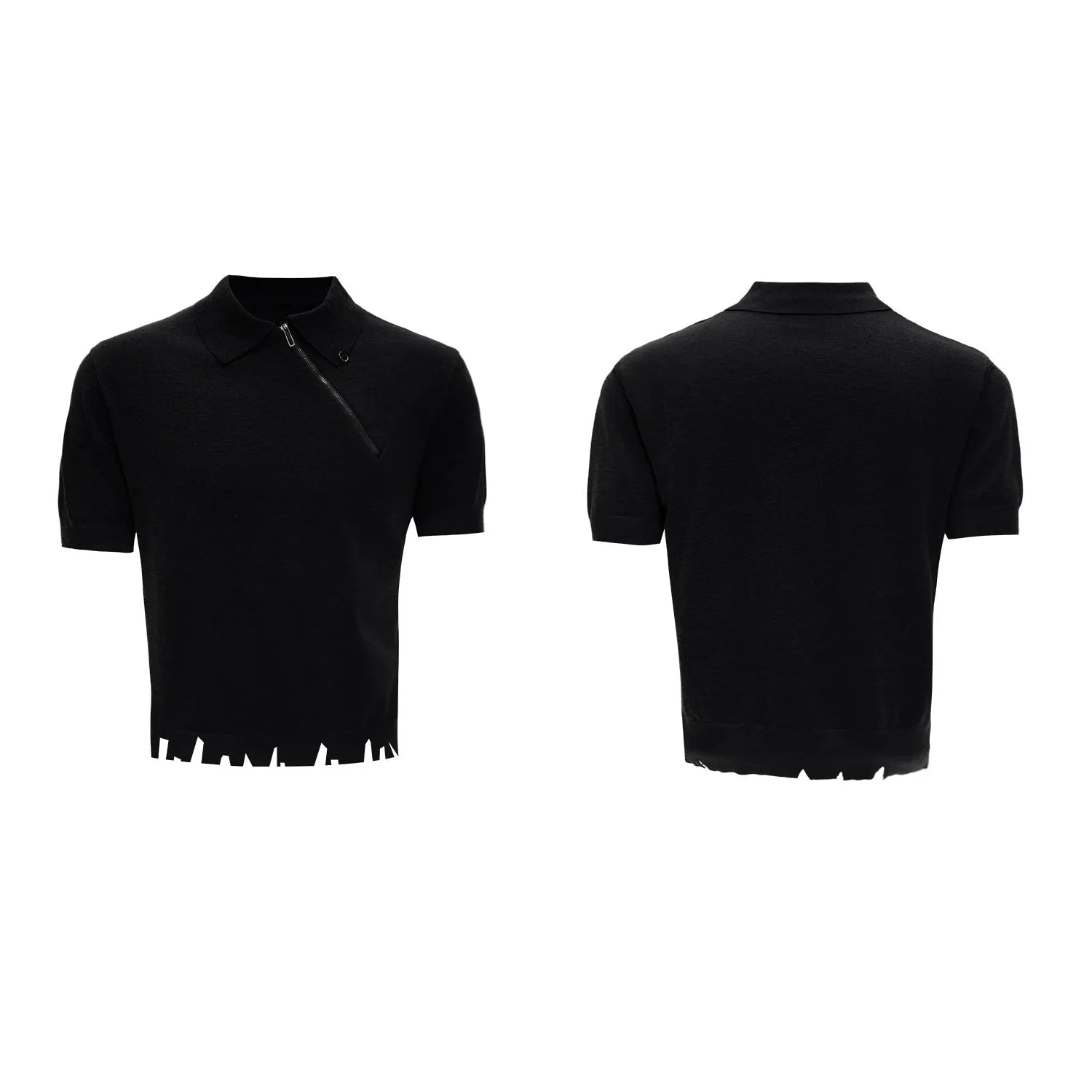 Men's slim-fit knitted polo shirt with oblique diagonal zipper closure in black solid colour