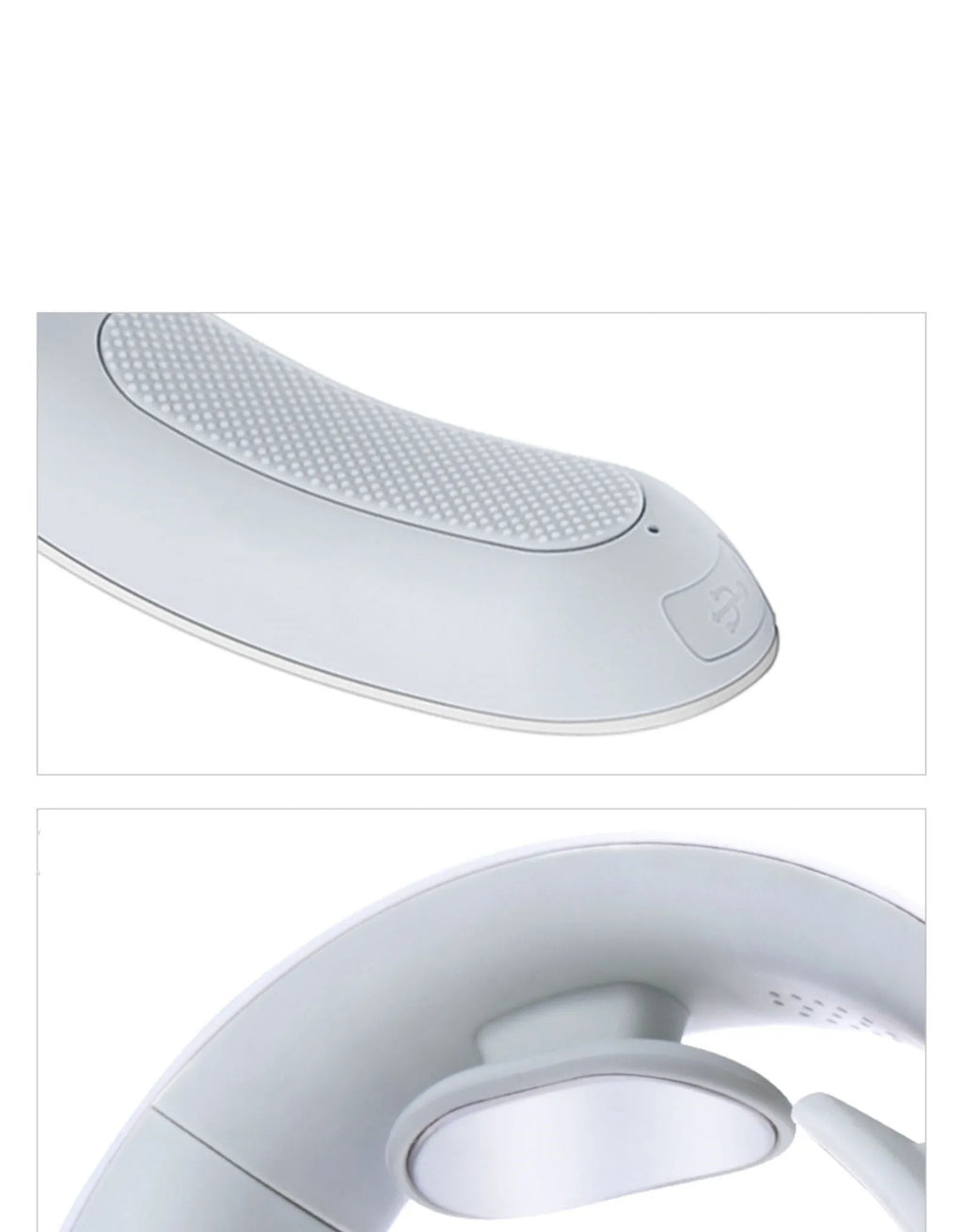 White electric acupressure massager device for neck, shoulder and back pain relief.