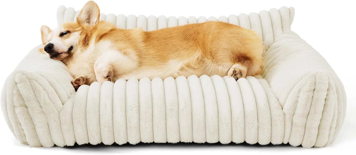 Bedsure fluffy cat couch for indoor cats with three-sided backrest and soft corduroy fleece cover in beige