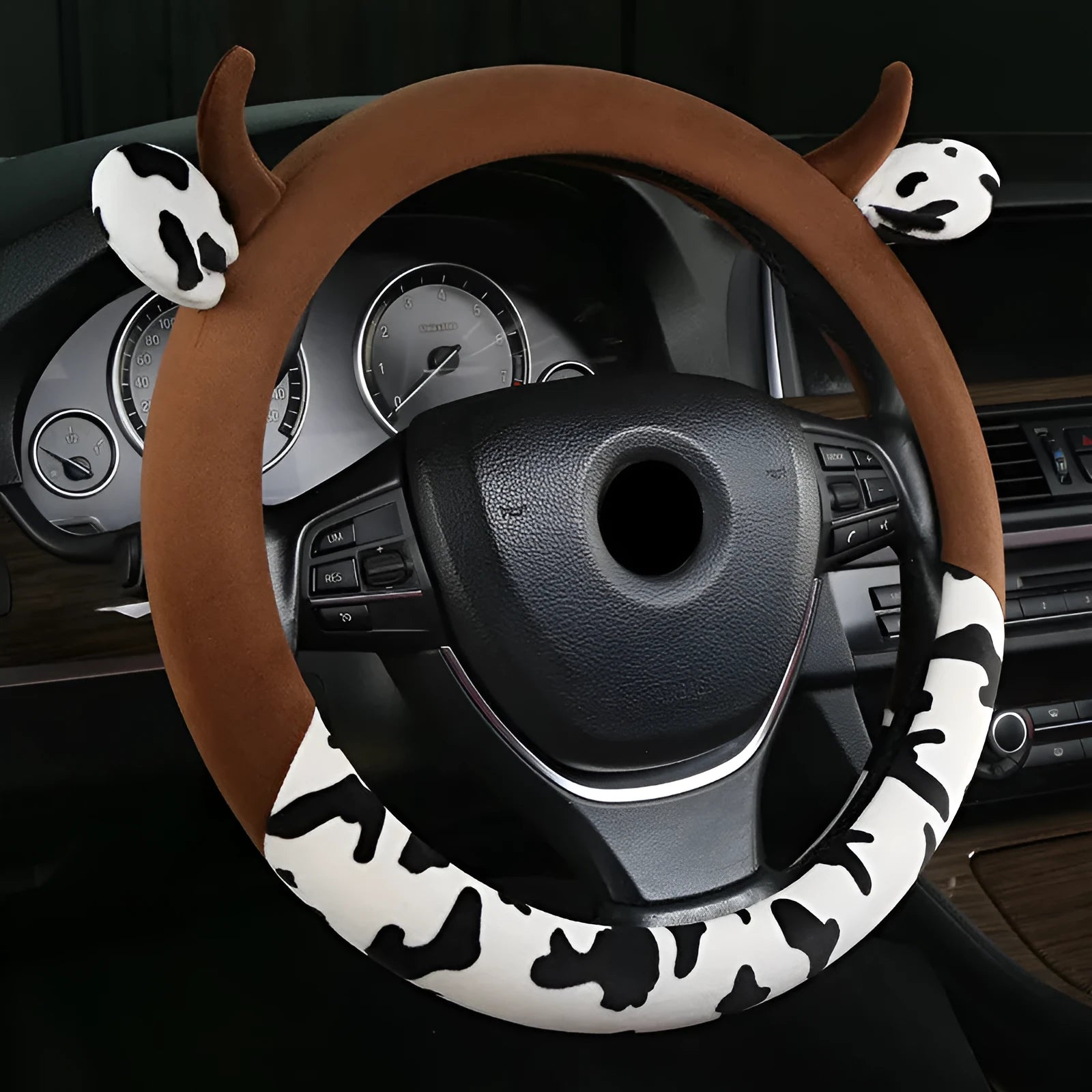 Short plush car steering wheel cover in coffee colour showing protective handle detail