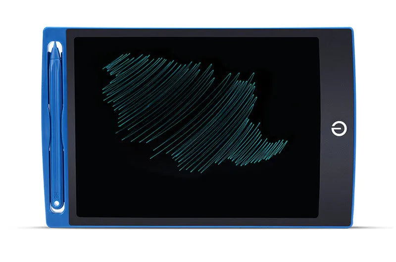 LCD writing tablet with pressure-sensitive blue-green screen and black ABS frame on desk