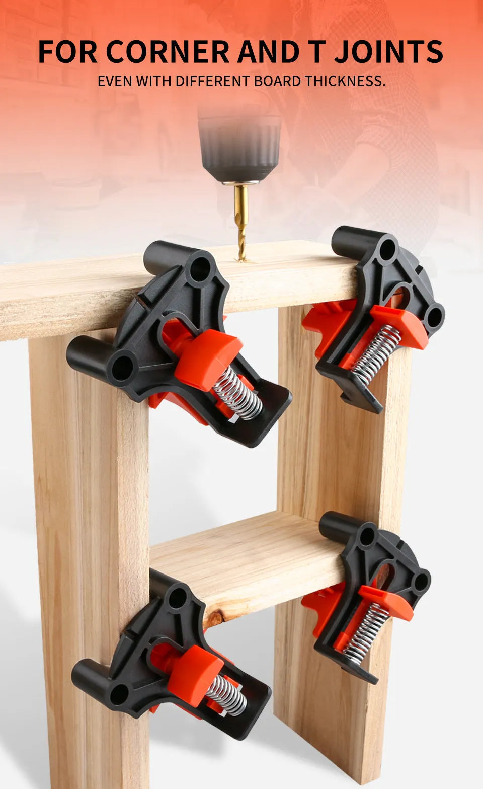 Plastic 90 degree right angle clips for picture frames and woodworking clamp set