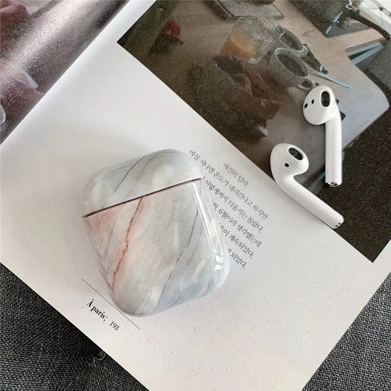 White marble hard PC protective case cover for Apple AirPods 1 and 2 charging box