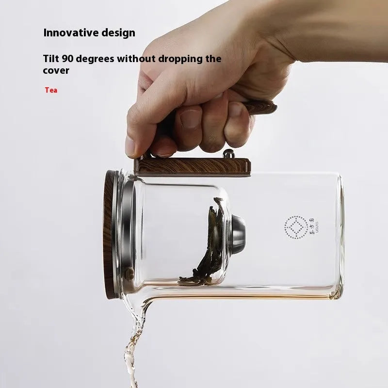 Glass teapot with magnetic water separation, walnut wood handle, borosilicate glass body, 500ml or 700ml capacity