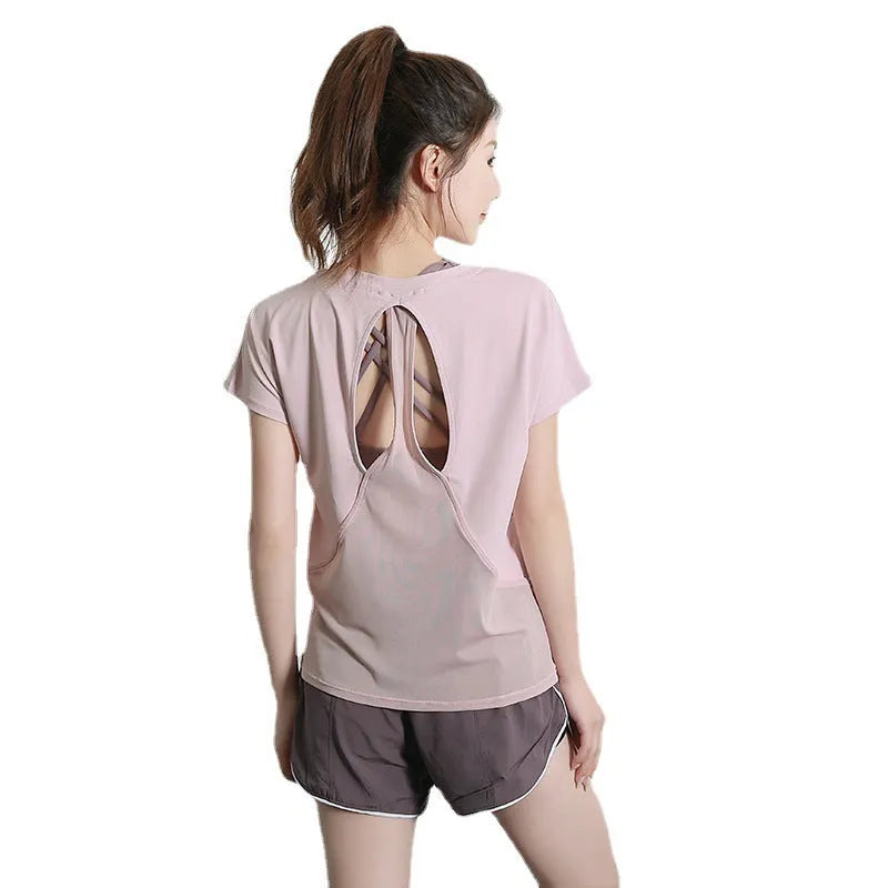 Women's short sleeve polyester sports t-shirt for yoga and running in pink
