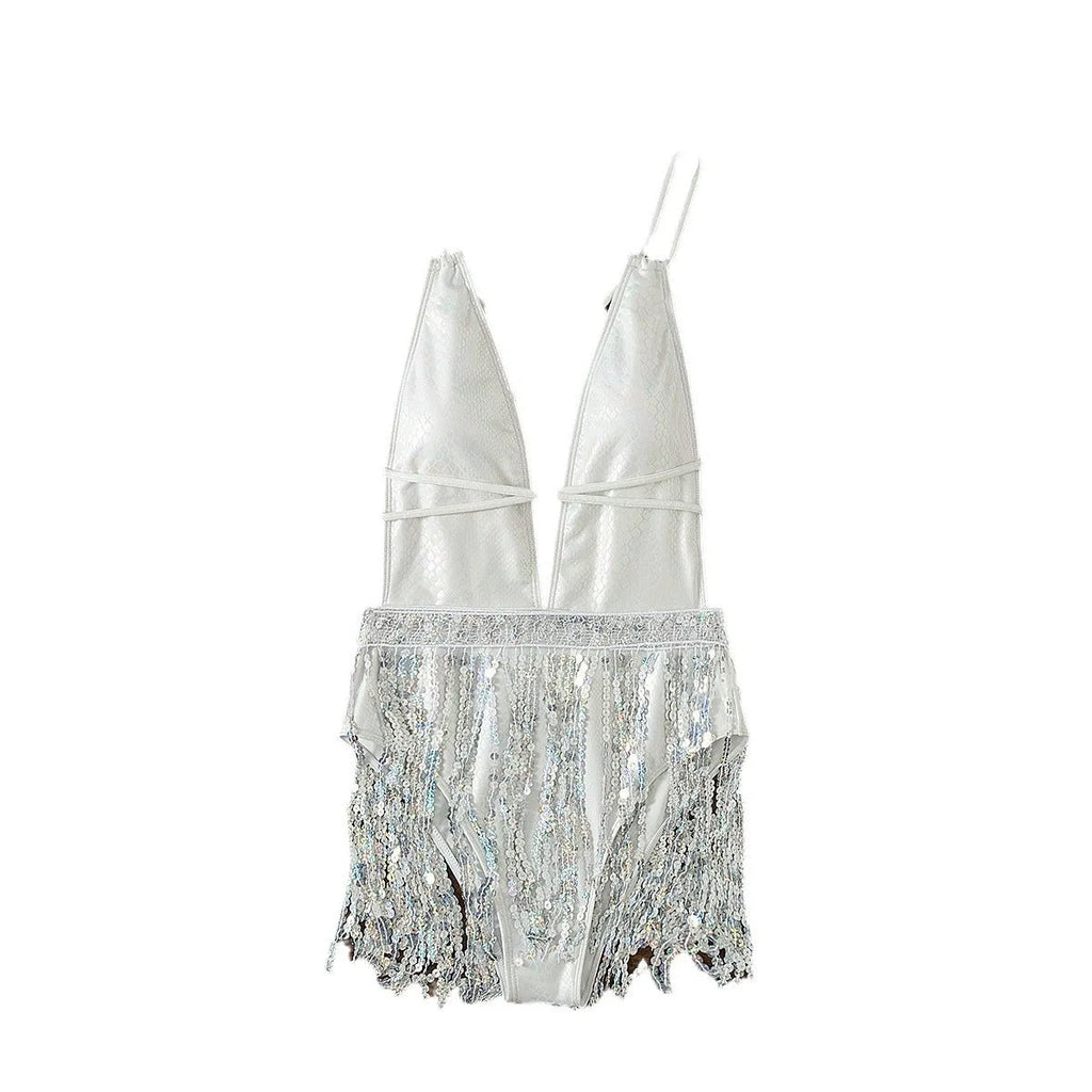 White women's deep V neck one-piece swimsuit with tassel detailing and brief style cut