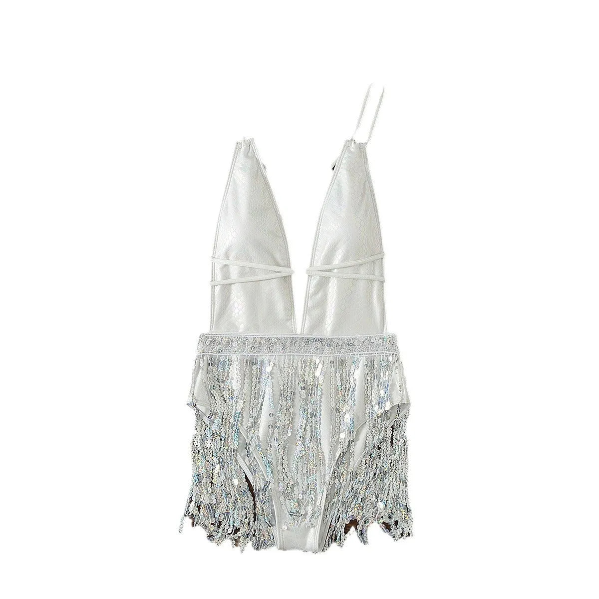 White women's deep V neck one-piece swimsuit with tassel detailing and brief style cut