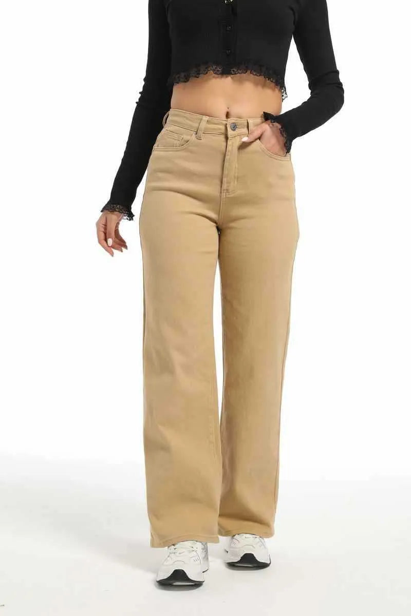 Women's high waist straight leg wide jeans in apricot colour on a hanger.