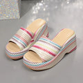 Women's wedge sandals with wave print, fish mouth toe and thick rubber sole in beige, blue or pink
