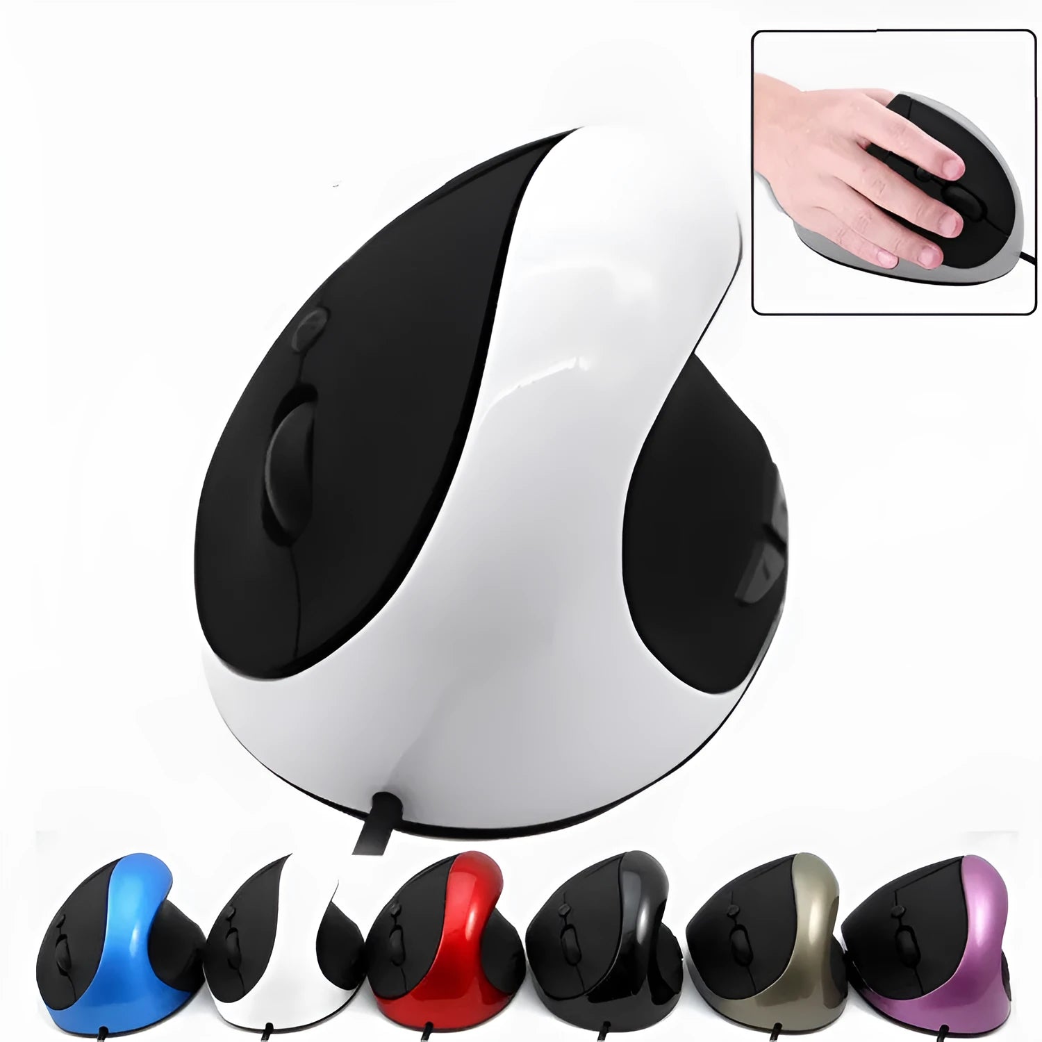 Vertical wired USB ergonomic mouse in black with six buttons and 1.3m cable