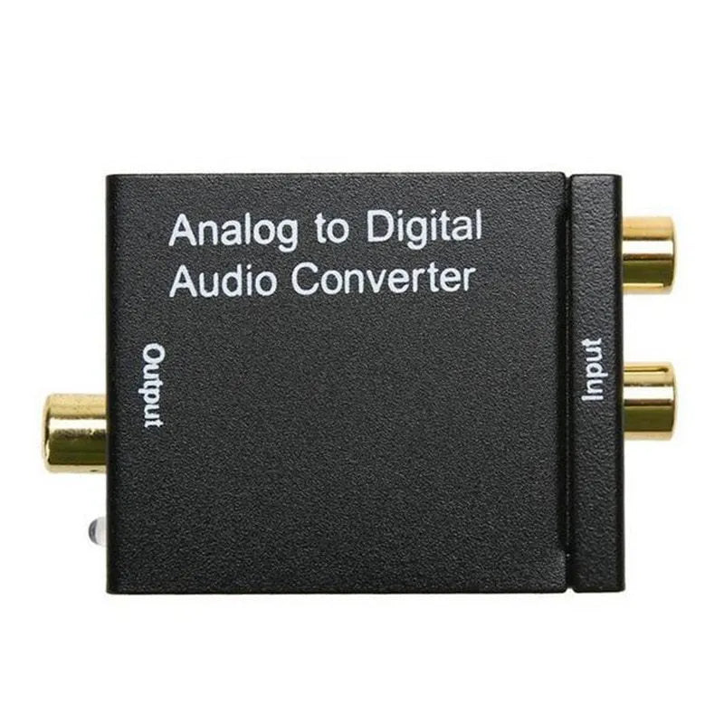 Black digital to analog audio converter with Toslink and coaxial inputs and RCA outputs