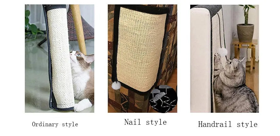 Beige cat scratch board sisal pad on sofa armrest for furniture protection, handrail style