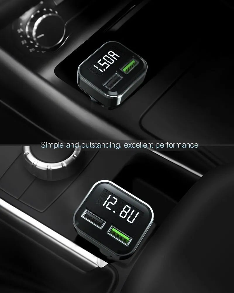 Black car charger with LCD display showing voltage reading, dual USB ports, PC+ABS construction