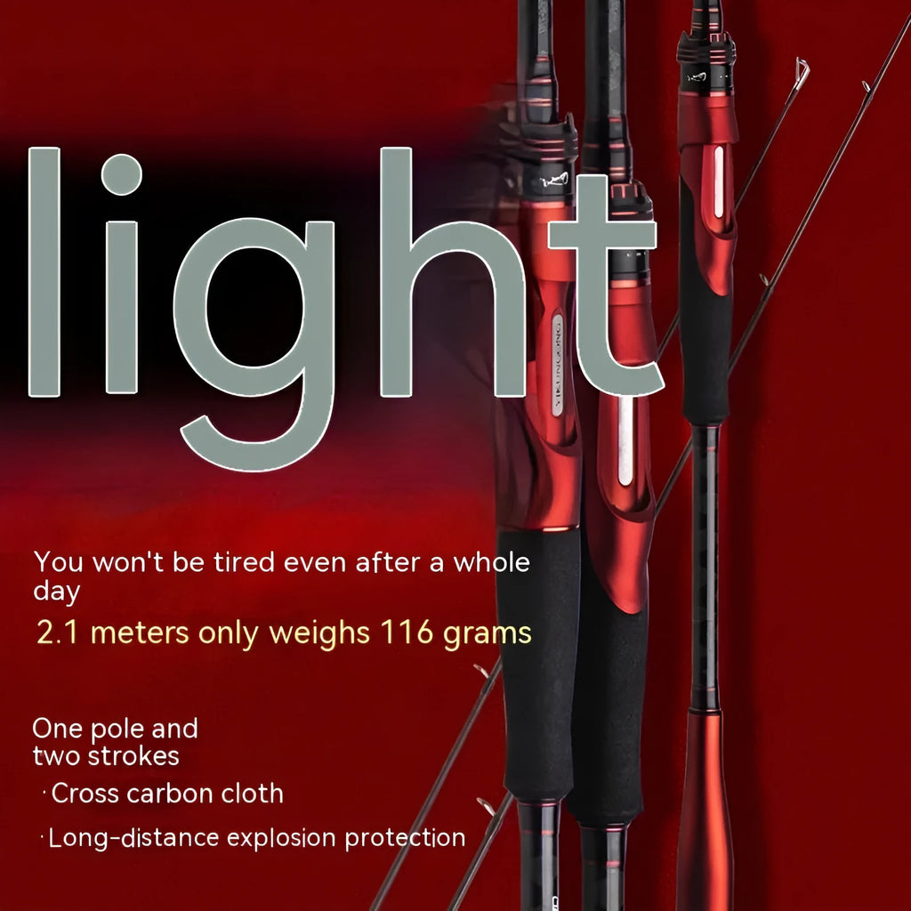 Carbon ultralight fishing rod shown with straight handle and pikestaff grip options in 2.1m and 2.4m lengths.
