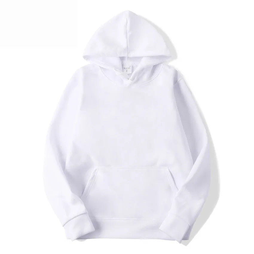 A solid colour cotton blend pullover hoodie for men and women on a hanger.