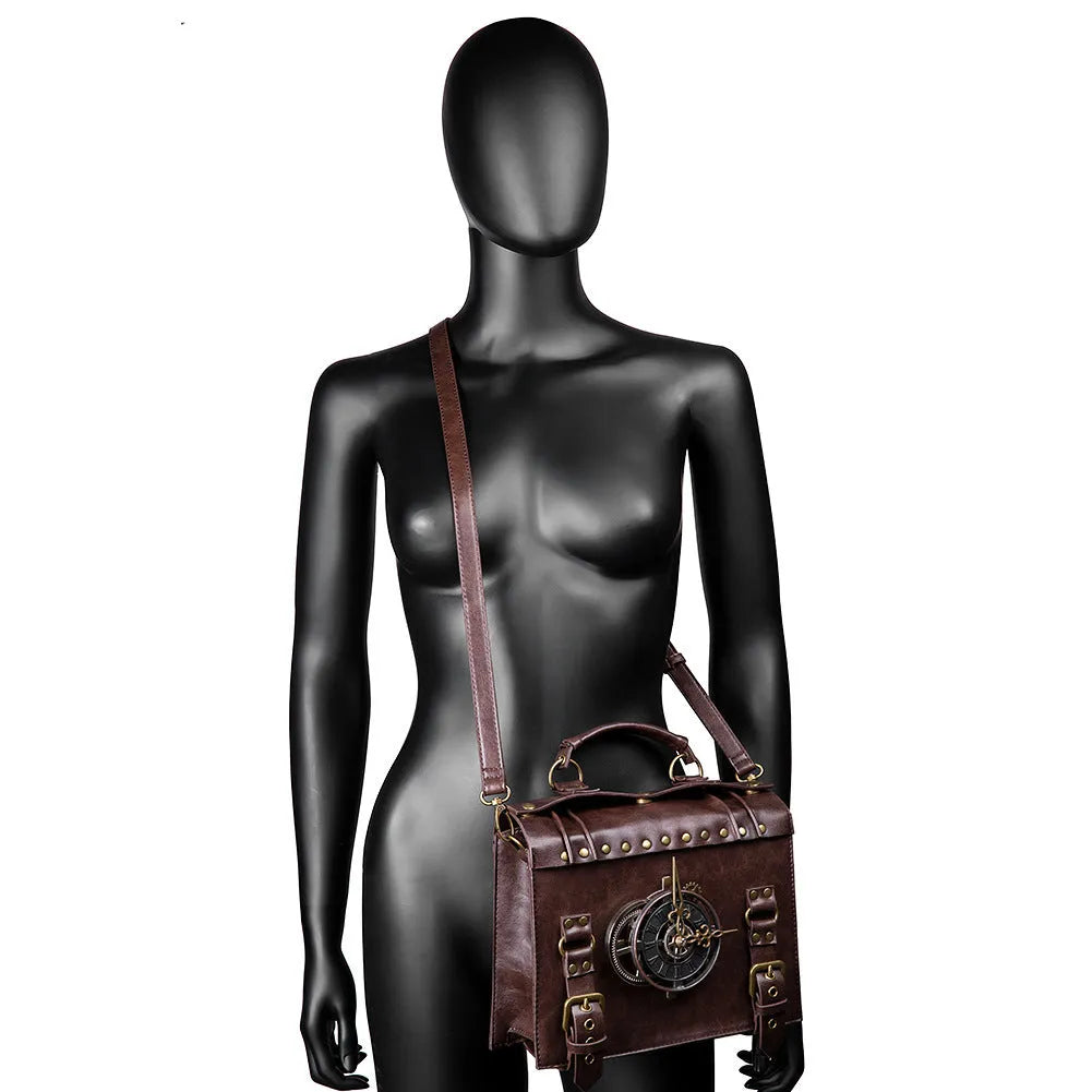 Bronze steampunk industrial retro style PU leather shoulder bag with pillow bag shape