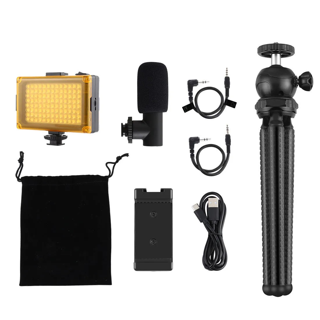 Black Octopus Tripod Live Broadcast Kit with flexible legs, fill light, and microphone on a table