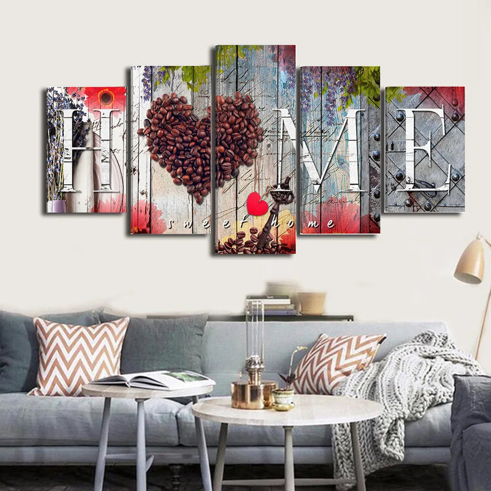 Red Home Sweet Home decoration board set of 5 pieces with oil painting finish, no frame