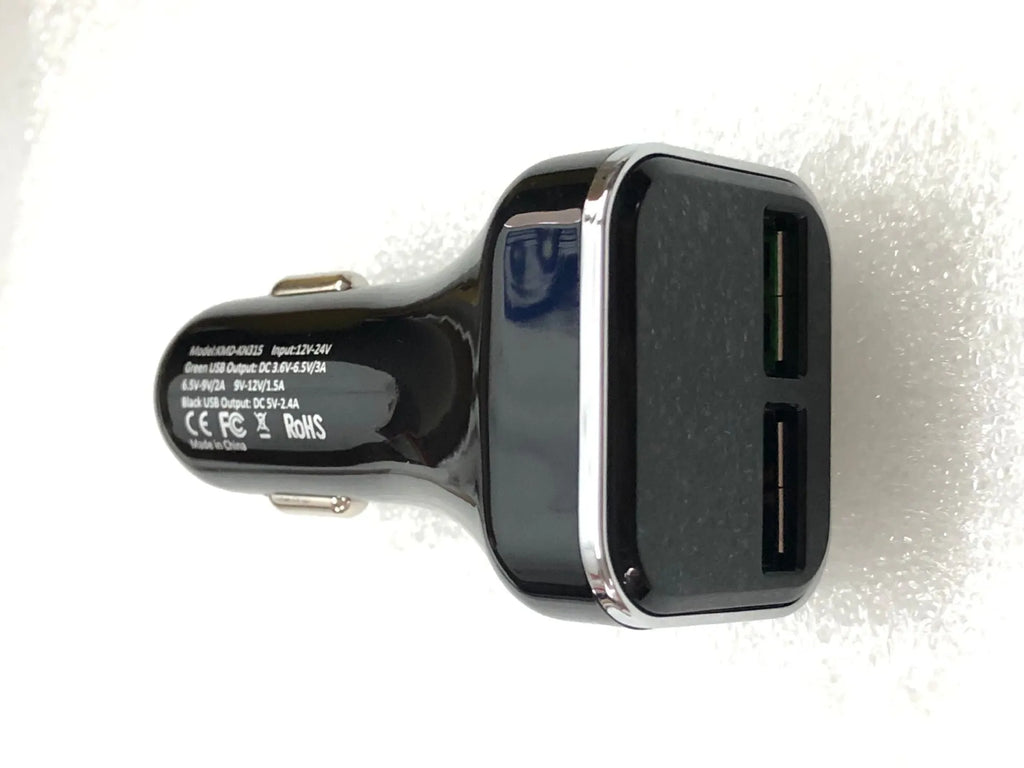 Black car charger with LCD display showing voltage reading, dual USB ports, PC+ABS construction