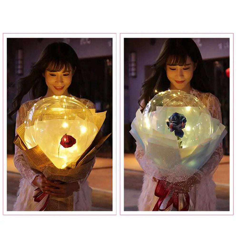 LED Luminous Balloon Rose Bouquet transparent bobo balloon with artificial rose and LED light