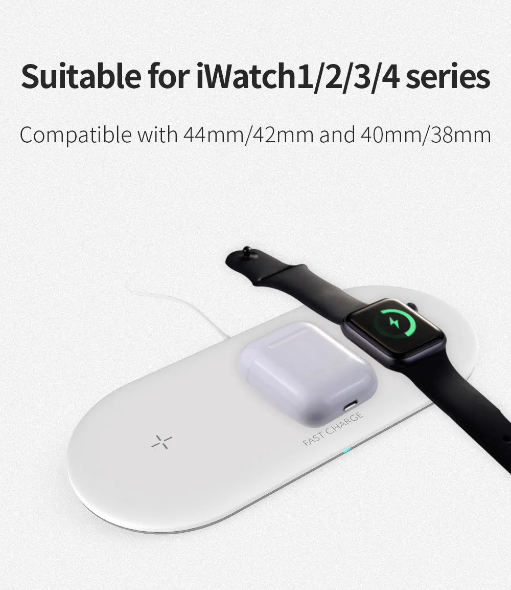 White three-in-one wireless charging station for Apple Watch, iPhone, and earbuds on a desk.