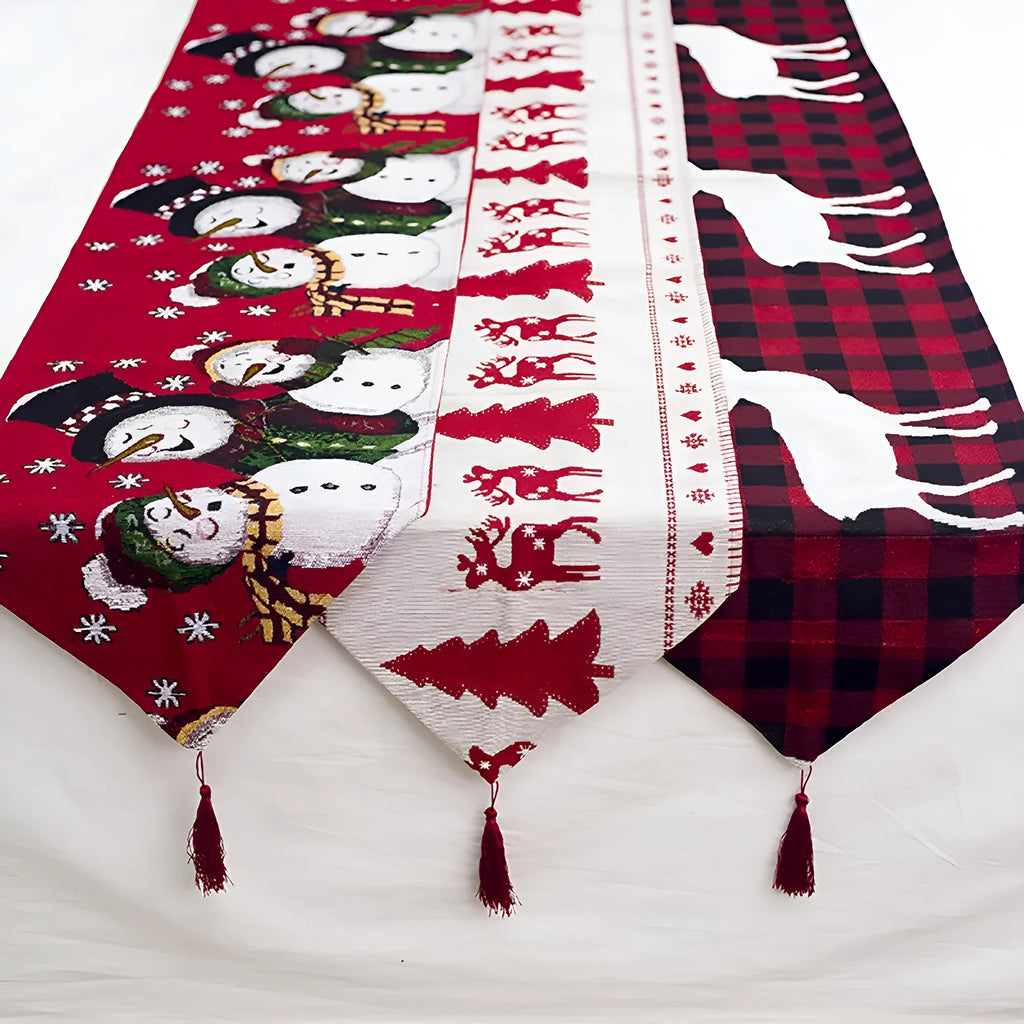 Christmas cotton linen table runner with elk and snowman design, 35x180cm