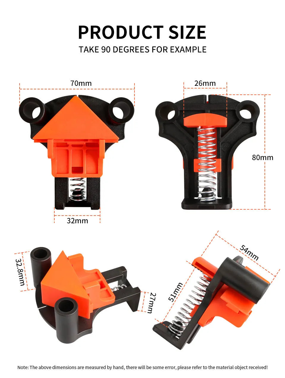 Plastic 90 degree right angle clips for picture frames and woodworking clamp set