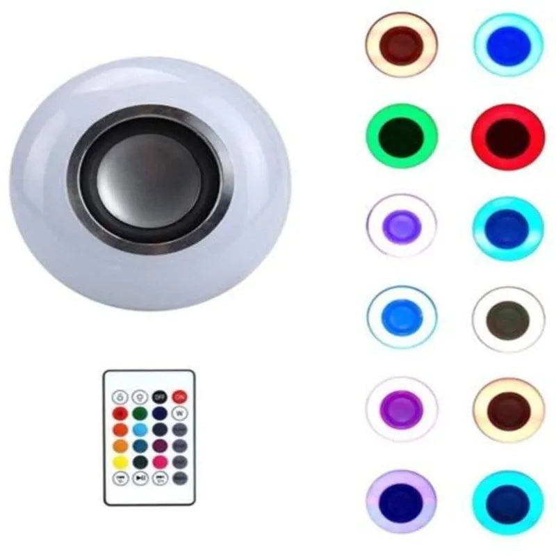 White smart LED Bluetooth speaker light bulb with E27 screw base for colour-changing mood lighting.