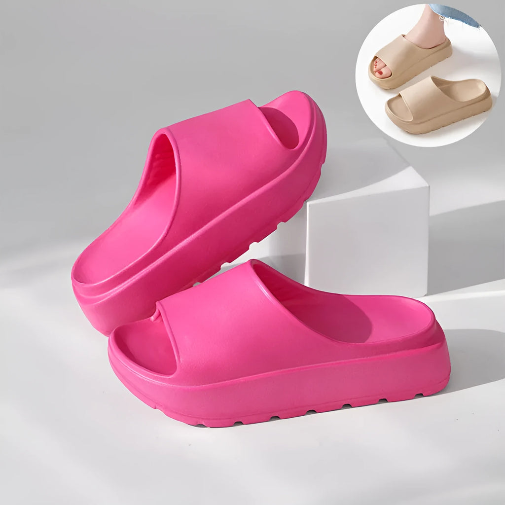 Women's beige fish mouth design slippers with a thick 5.5cm EVA sole for beach and home wear