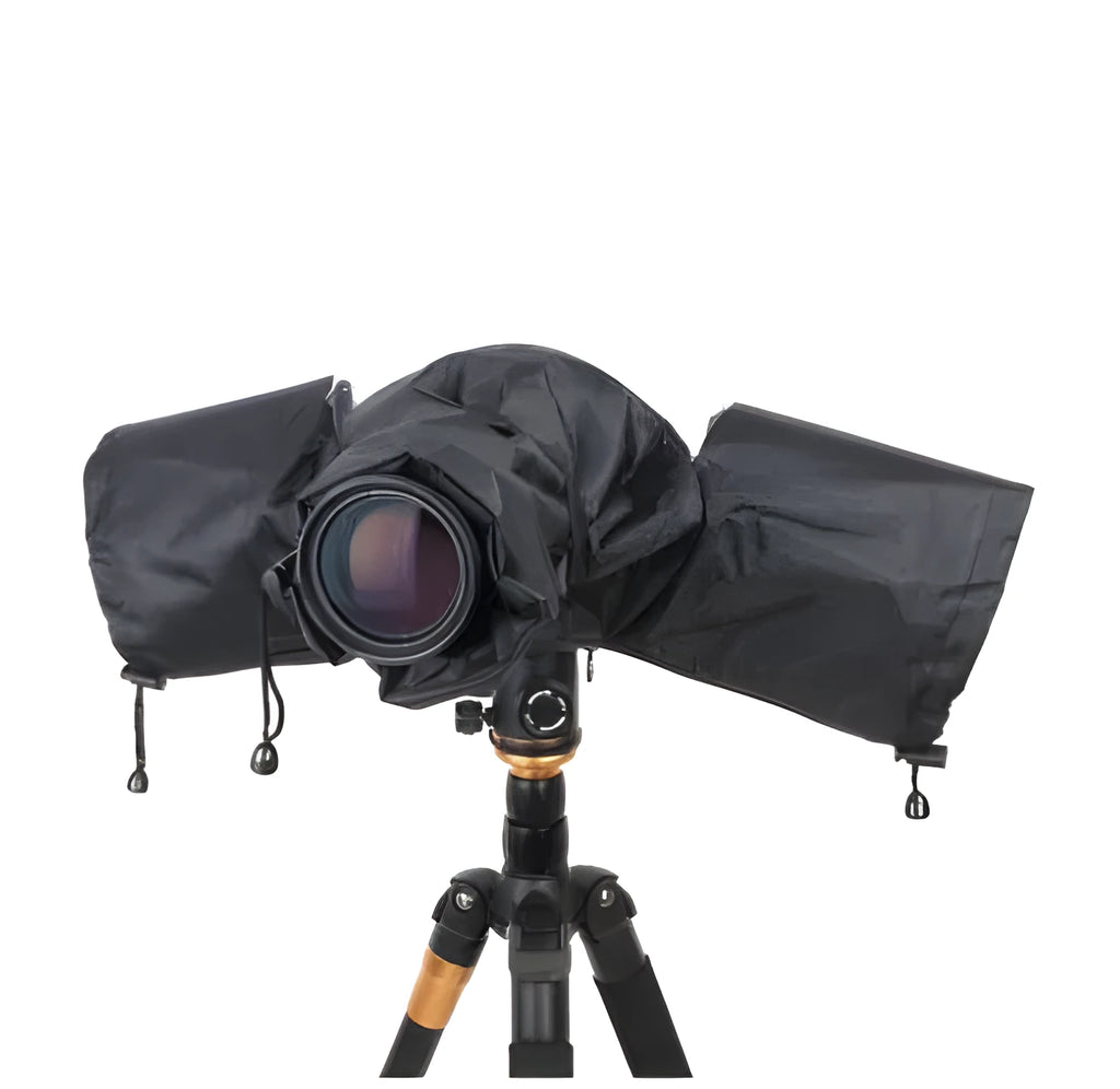 Single lens reflex camera with long focus lens fitted with a rainproof cover for outdoor wet weather protection