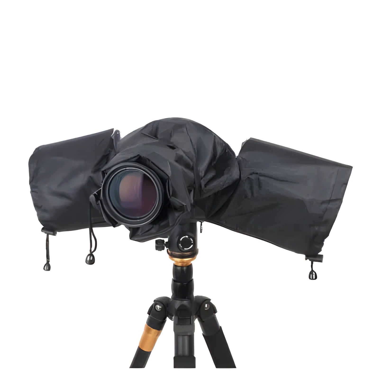 Single lens reflex camera with long focus lens fitted with a rainproof cover for outdoor wet weather protection
