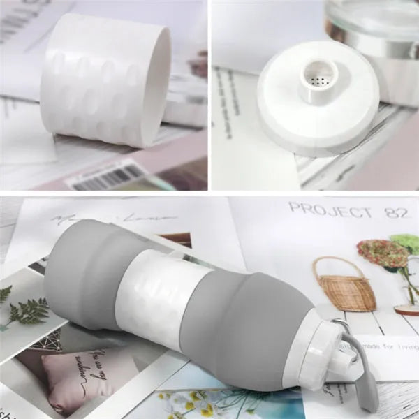 Silicone folding water bottle 580ml in grey, collapsed and full size, food grade portable sport bottle
