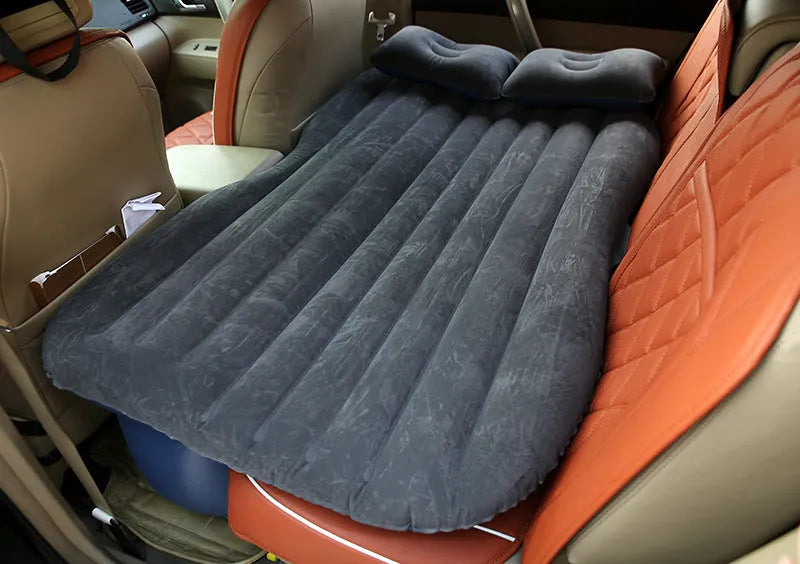 Car inflatable bed with ultra-thickened flocking cloth in black wave colour, includes pillows and storage bag