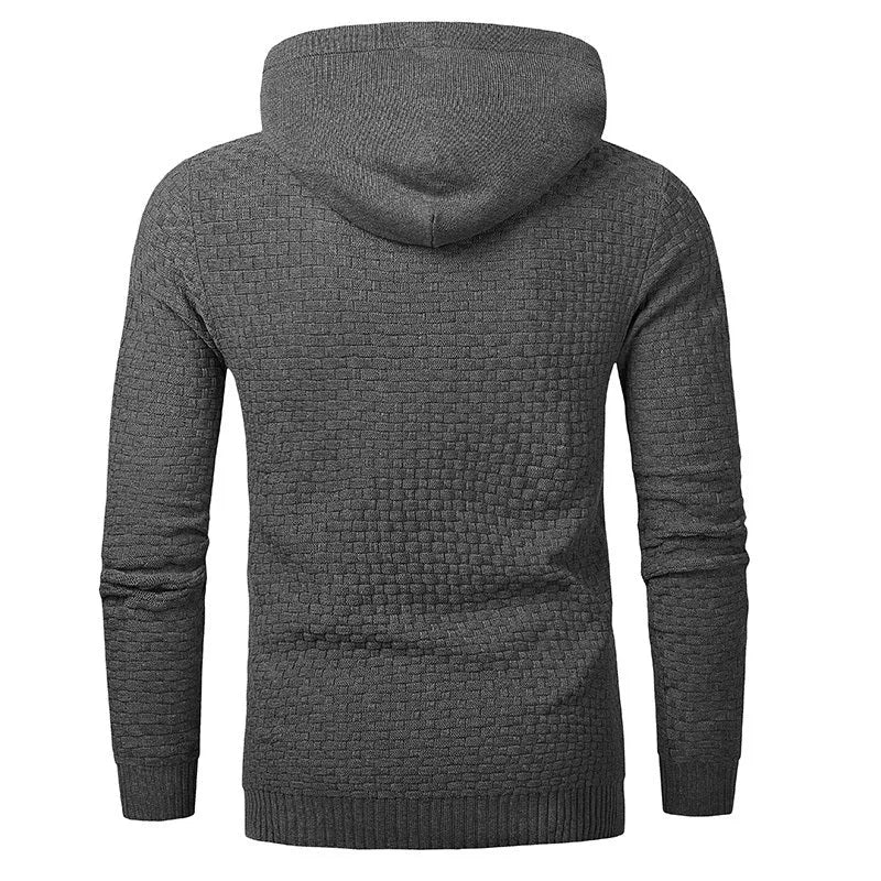 Men's cotton-polyester blend hoodie sweater on a hanger, shown in one of nine available colours.