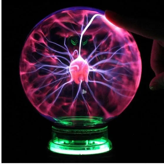 Plasma lightning ball with electrostatic lightning arcs on a blue background, 4-8 inch size options available