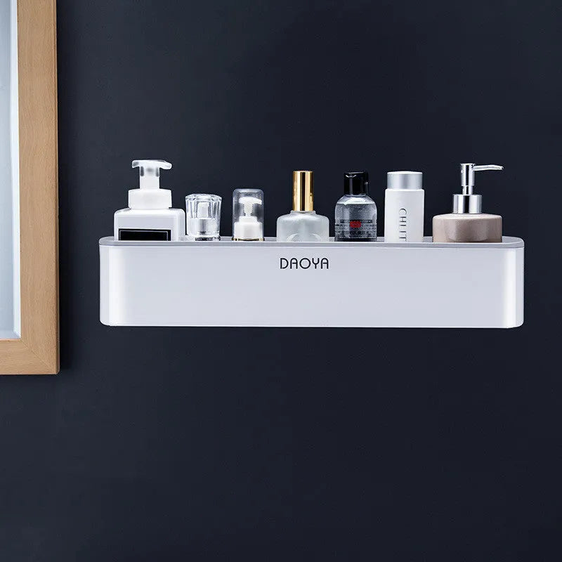Polished plastic wall-mounted bathroom shelf for shampoo and cosmetics, hole-free installation, black colour option