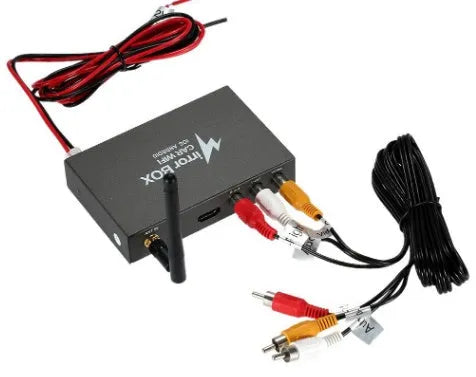 Black car mirror link WiFi box with power cable, antenna, AV cable and manual for smartphone screen mirroring.