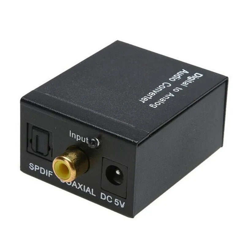 Black digital to analog audio converter with Toslink and coaxial inputs and RCA outputs