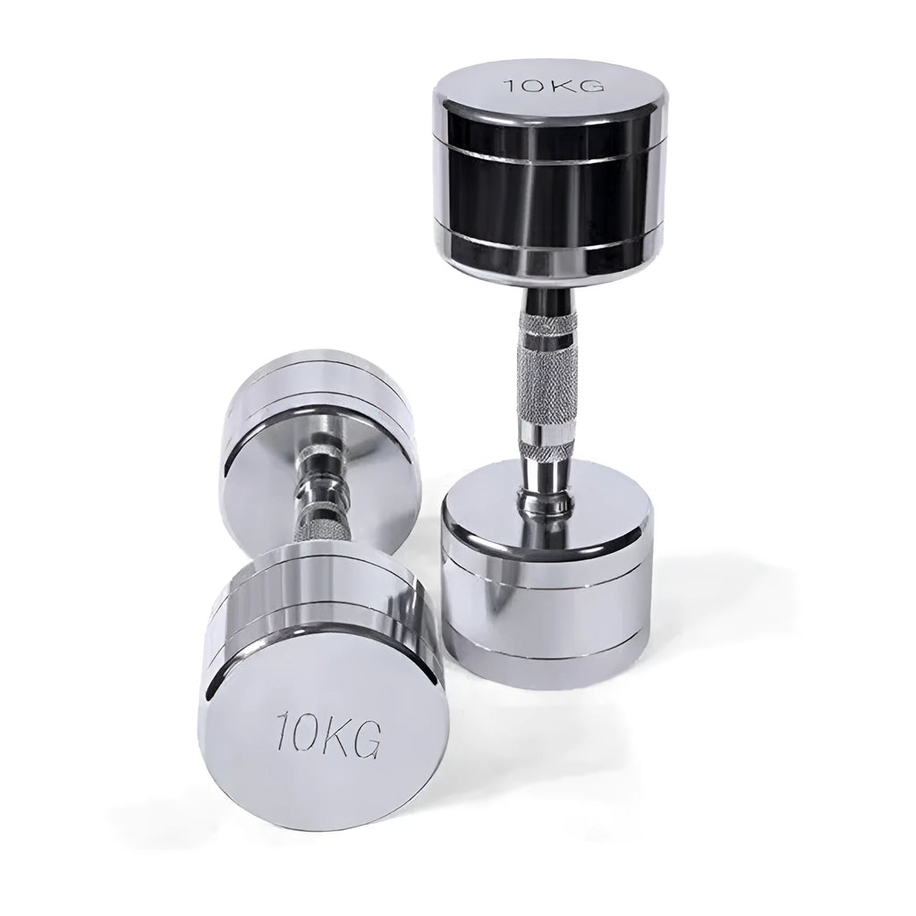 Silver pure steel dumbbell with hexagon rod handle on grey background.